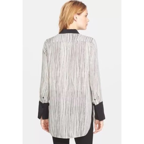 Vince Wavy Striped Silk Button Down Tunic Blouse Top XS Womens Cream Black - Picture 2 of 12